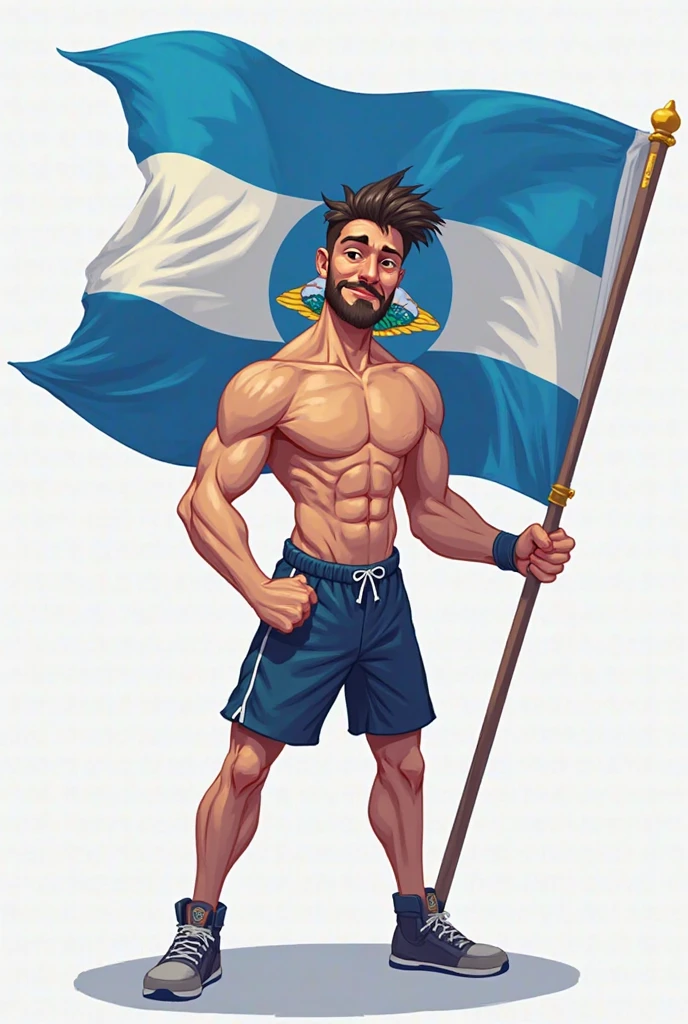 Strong, hairy, bearded young mixed race man, standing, with towel and slippers, covered the hips with a bath towel with the Nicaraguan flag print, in front of a red and black bank branch with a sign written in capital letters “BANCO RIBEIRO”, on top of the revolving door.