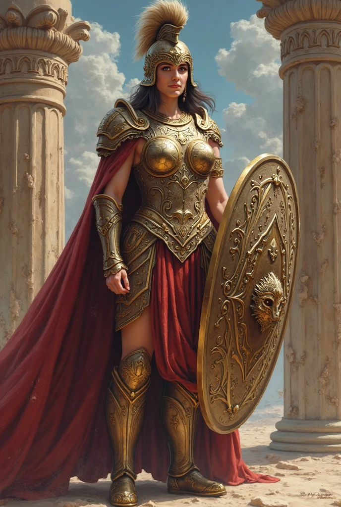 a spartan woman holding a skull style logo 