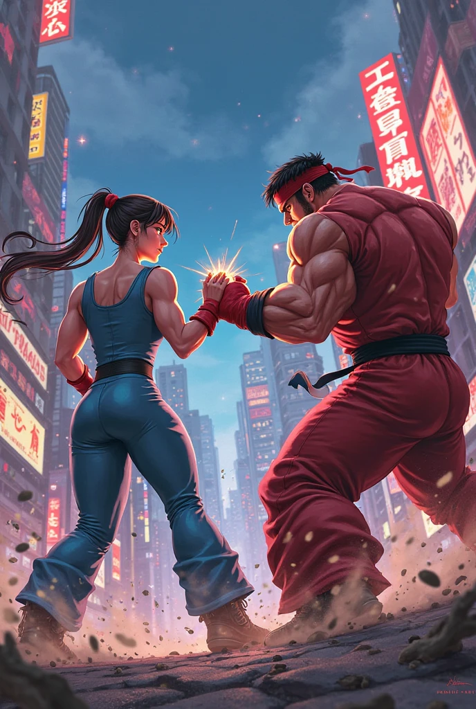 Chun Li in schoolgirl clothes vs Rudy