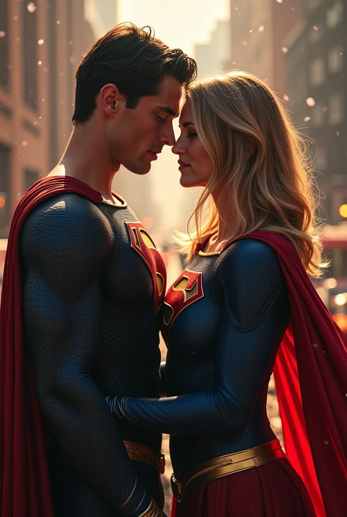 Super girl and superman are kissing, flying above city, closeup