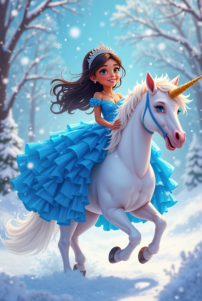 A young girl with brown hair in a blue dress, smiling and posing closely with a white unicorn with a golden horn, set in a magical forest with sparkling lights
