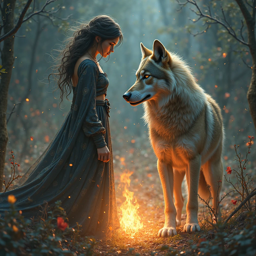 Imagem de uma mulher com um lobo ao fundo, wolfgirl, Graphic artist Magali Villeneuve, bela arte digital, inspirado em Magali Villeneuve, retrato bonito da arte da fantasia, arte de fantasia digital em alta, Magali Villeneuve», 3 0, bela arte de fantasia, companheiro lobo, female anthropomorphic wolf, lindo pintura digital, Pintura digital de fantasia
