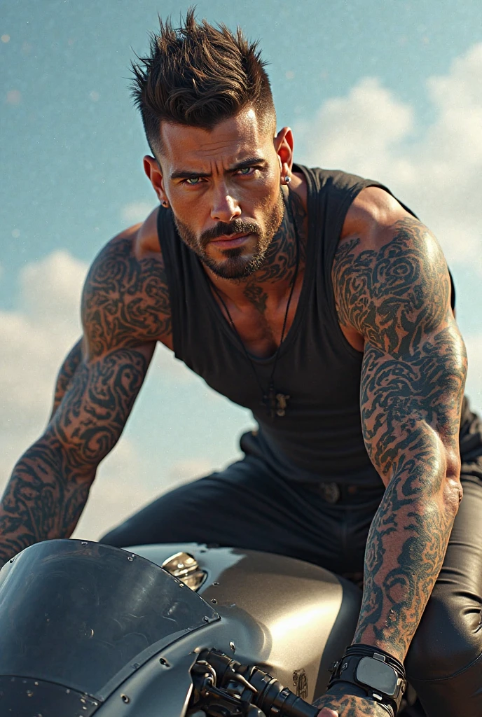 A handsome shirtless man with tattoos, Kale, of hard penis. Sitting on a sports bike