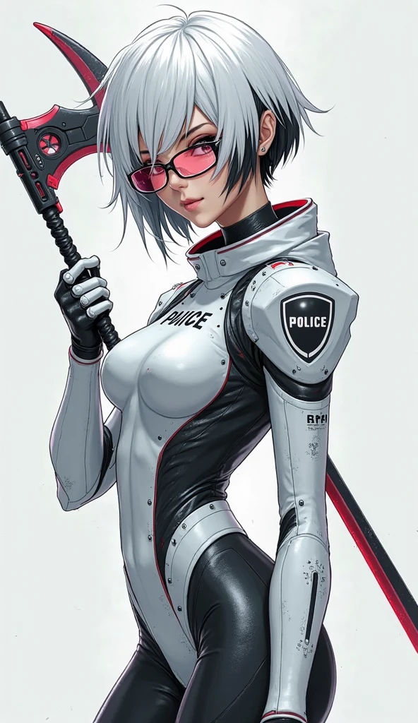(masterpiece, best quality)), ((((perfect anatomy)))), Caucasian android woman with short silver hair, ((elaborate black dress)) (((white high cut leotard))), big butt, black eye-band, white and black gloves, digital black pattern background, ((pixel art, pixel))