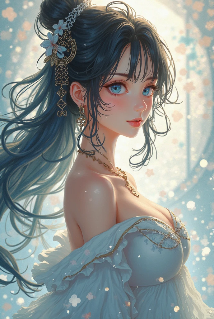 {(masterpiece,best quality, 8K UHD, extremely detailed CG, detailed beautiful face and eyes and skin and hair),(beautiful like picture:1.1)},{light blue backgroundl:1.4},BREAK,{(watercolor image:1.2),sketch,bright colors overall,gentle color},{Simple configuration:1.1},{erotic face,anguish,(painful:1.1),(very very ecstasy:1.2),(writhing:1.4),embarrassing}, BREAK,{solo girl,black hair,braid hair intricately,black glowing eyes},{yukata,(open clothes:1.2)},(Show shoulders:1.4),profile},{Floral}