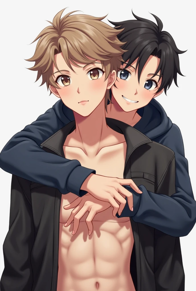 masterpiece, Highest quality, 19 old a boy, gay anime hentai, tall, no underwear, bedroom alone, sexy pose, blushing and smile face, Upper body naked, Brown Hair, black eyes, leather shorts, want sex, prostitute boy, full body, crotch emphasis