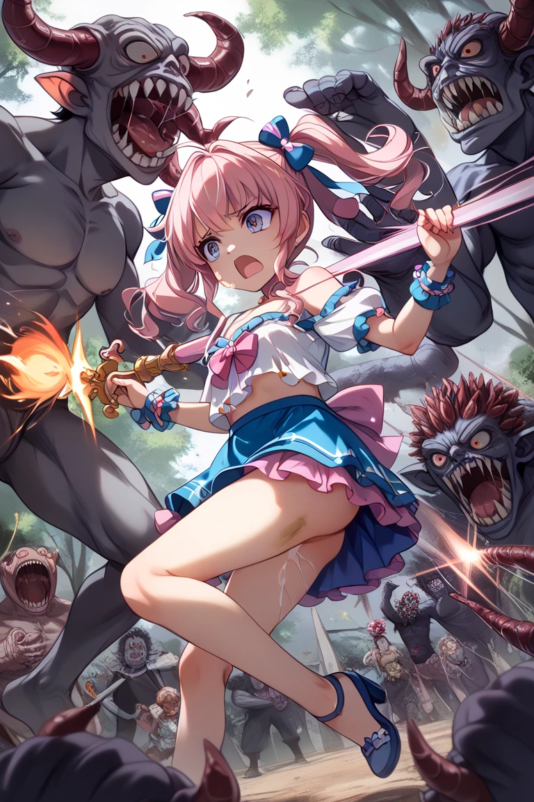 (Ultra HD, Highest quality, High resolution, Hyperrealistic, super beautiful), 24000dpi, One beautiful woman, high school girl, Long Ponytail, Well-formed eyes, be scared, screamをあげる, cry, 18-year-old, Alluring, Completely American, perfect body, Physical Beauty, scream, cry, ((Japanese Sailor Suit:1.5, Pleated mini skirt)), Absurd, ((nsfw)), (((Anatomically correct1.3))), (((Four baby goblins are touching her body.:1.4, Goblin puts his head inside the skirt, Torn clothes))), Humiliation, humiliation, JK Raper, whole body,Outdoor, in the forest, Dark Night