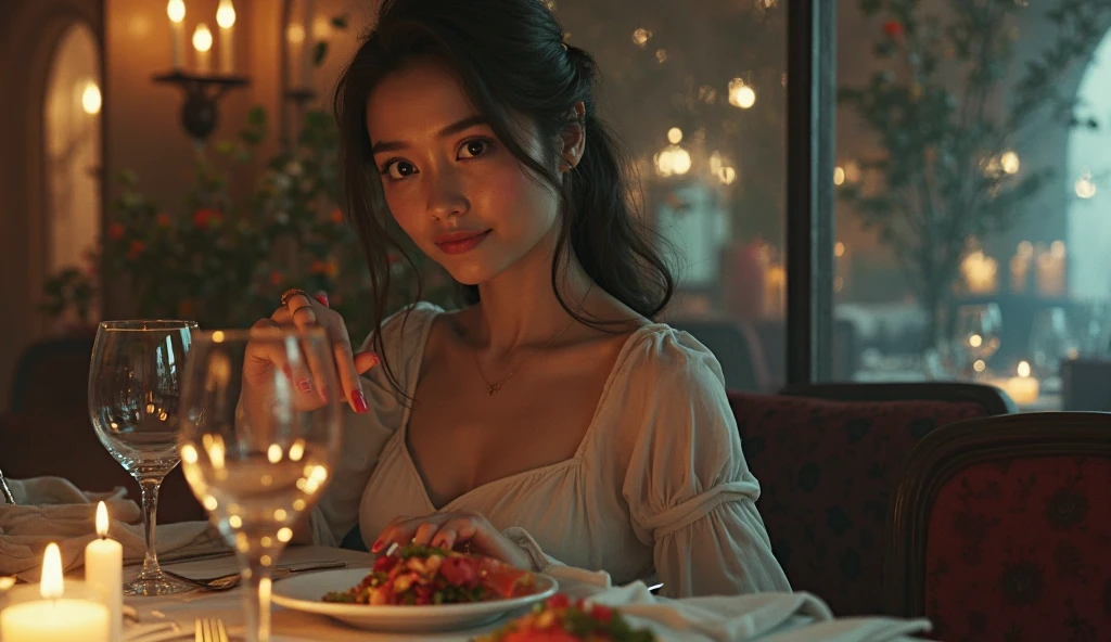 (((photographic, photo, photogenic))), extremely high quality high detail RAW color photo, conversation between Minsoo and Ji-eun, romantic mood, party room ambiance, looking at each other, subtle smiling, on the top of the table in a party room area, with the writing {KEY LOVERS} top the table, Canon EOS R5 effect, focus on Ji-eun, soft lighting, warm tones, depth of field effect, intimate atmosphere, eye contact, elegant attire, candid moment, genuine expressions, detailed facial features, background party lights bokeh, emotional depth, nuanced skin tones