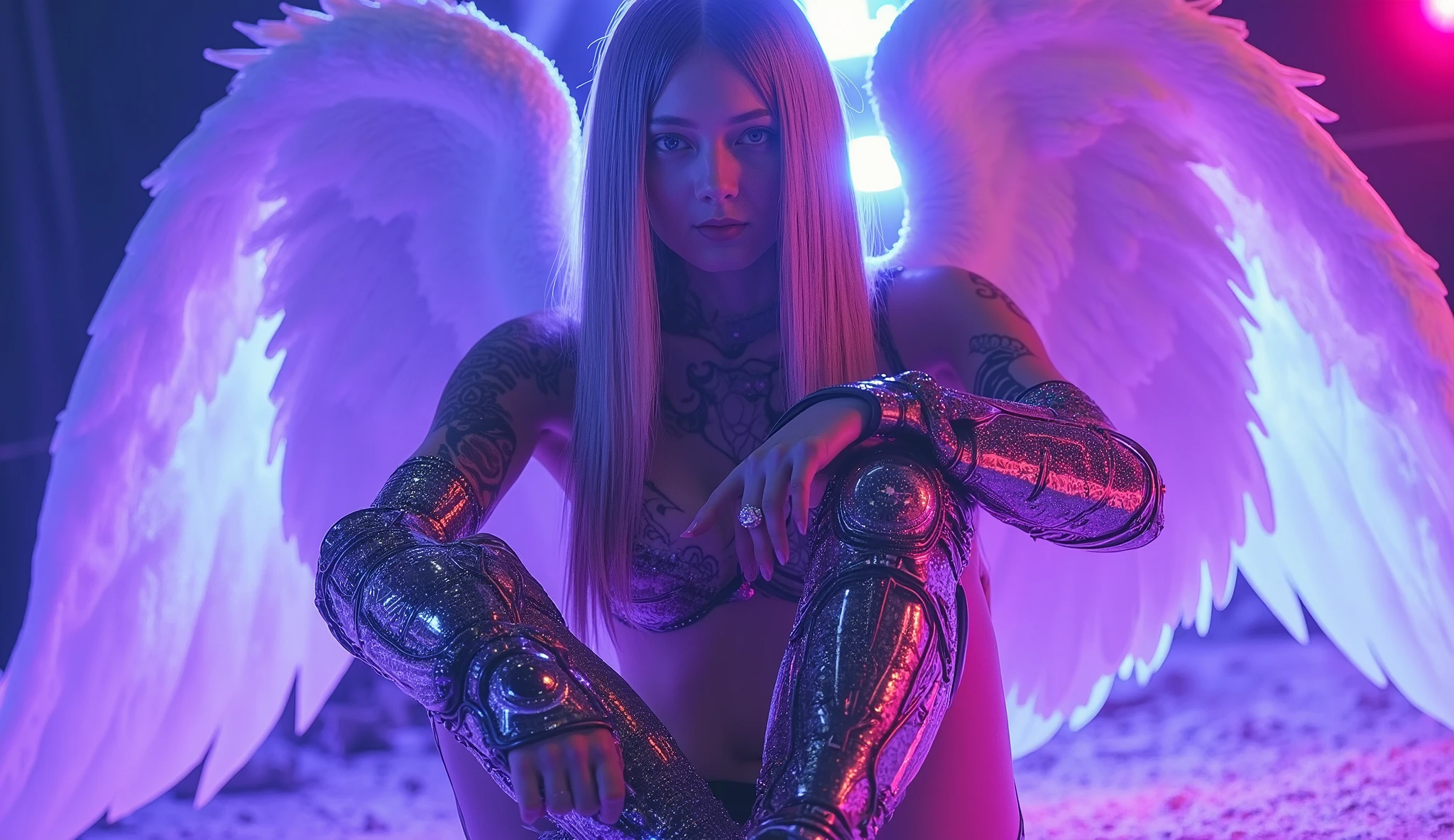 (tmasterpiece: 1.2), beste-Qualit, (illustartion: 1.2), (ultradetailed), eyes focus, (Masterfully crafted Glow, Pink glare lens), (Cinematic background), hyper-detailing, (delicate detailed), (intricate detials), In the air, Octane rendering, HDR, (hyper-detalied: 1.15), (soft light: 1.2), a 1girl, handsome girl, blonde woman, platinum blonde, ultra detail eyes, Mature, fat, fat, Rainbow drops, spectrum, spectral, Multi-colored neon,The woman, sparks,glares, splatter, En plein air, (bioluminescent hair: 1.1), (gloweyes), ((makeup)),(Cinematic masterpiece), furious, powerfull, splashes of colour, absolutely eye-catching, (Cinematic headlight), Light, coming from above, Growing shadows, ((Caustic)), dinamic angle, beautifully detailed glow, Ambient shading, Ambient light, ray-traced reflections, (better lighting, extremely delicate and beautiful), ((cinematiclight)), (soft: 2), (Nephilim: 1.2), (Halo), horns demon, (1 angel wing), 1 Demon Wing, wings on the back, Half-demon, Demon ears, black wings, Raven Wings, (Falling crow feathers), white multi-colored hair, rock star, gray eyes, ( Glowing Hair), (Radiant aura),tmasterpiece, hiquality, hight resolution, 独奏, Little, Indoors, Transparent, lying down, From directly above, open arms, apaixonado, bed, Naked, Topless, naked body, body, legs separated, rough breathing, sexy expression, Wearing gloves. 100mm wide-angle lens