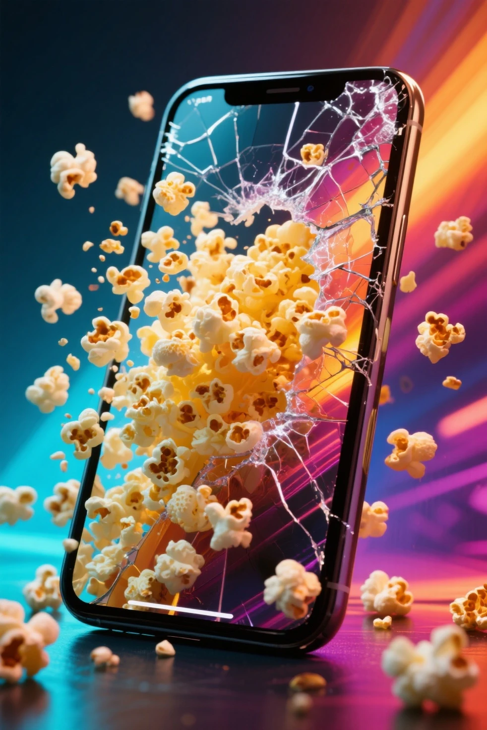A large amount of popcorn pops out of the smartphone screen、Cracked Smartphone、Another Dimensional Space、fantastic、Ultra HD、4K