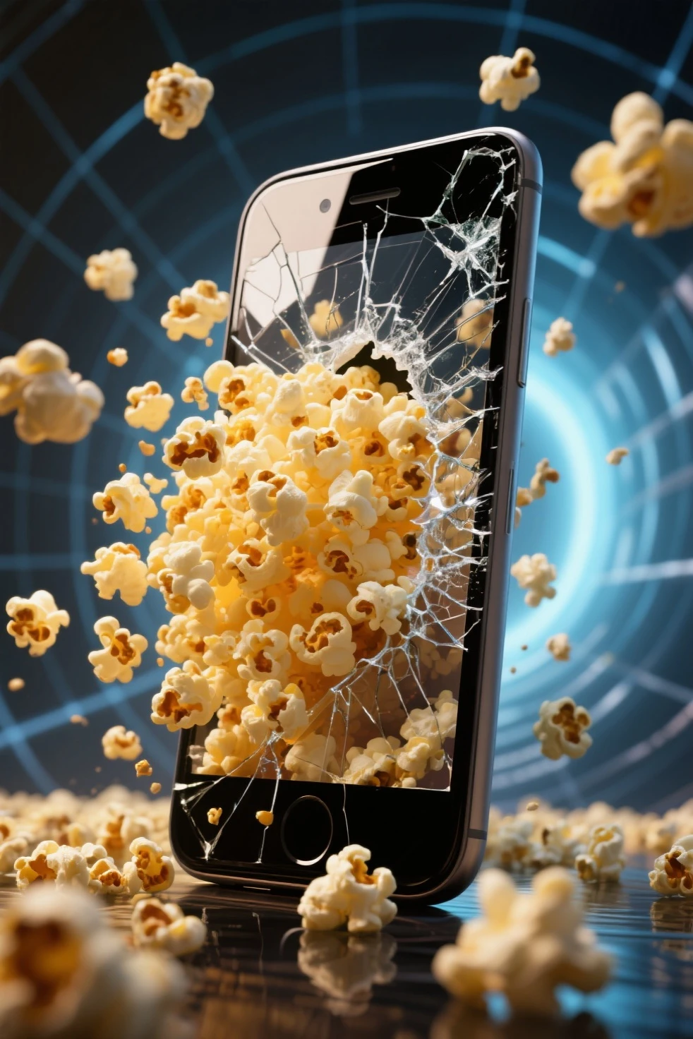 A large amount of popcorn pops out of the smartphone screen、Cracked Smartphone、Another Dimensional Space、fantastic、Ultra HD、4K