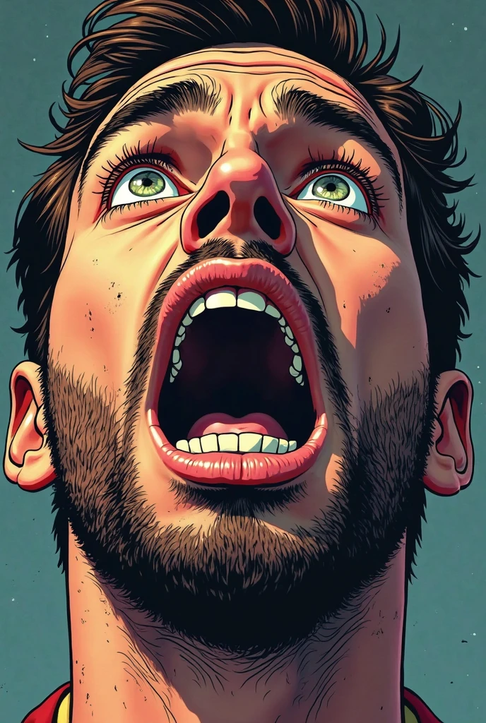 cartoon strip comic image of topless clothed group of three men screaming eyes wide open,mouth wide open and their scalp open and cerebrum is showing with wires leading to a big top hand