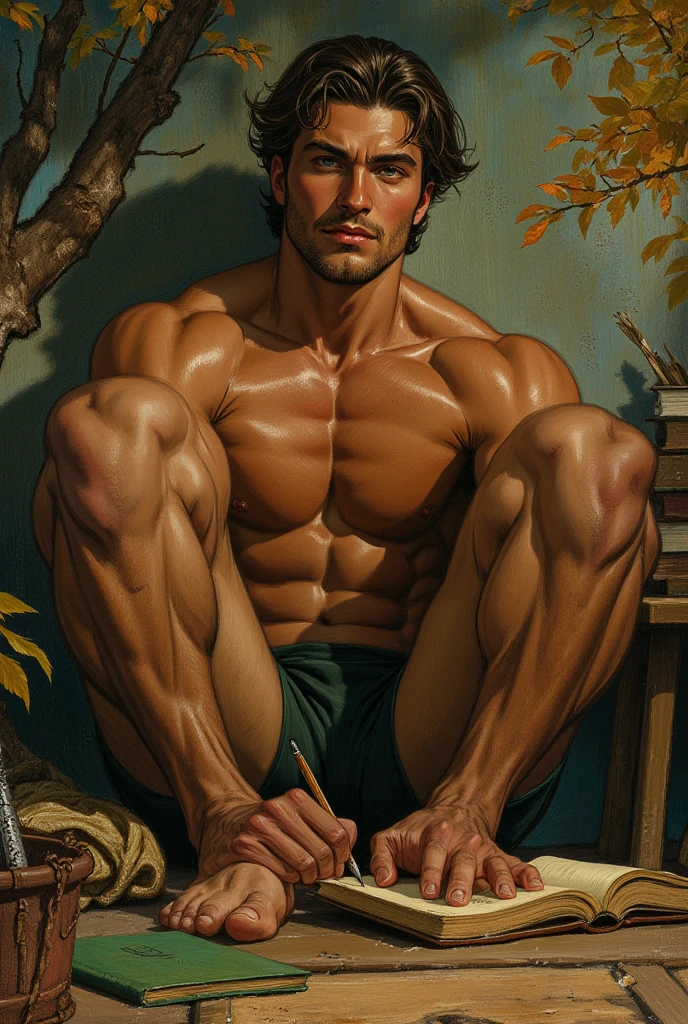 An ominous anaconda, (powerful muscles:1.2), (massive coils:1.1), (tightly wrapped:1.3), squeezes a helpless man in a lush, dense jungle. The man's (contorted face:1.4), (pained expression:1.1), (eyes wide with fear:1.1), is a stark contrast to the serene and determined gaze of the (predator anaconda:1.1). The background is an intricate mosaic of (emerald greens:1.1), (dense foliage:1.2), and (glistening vines:1.