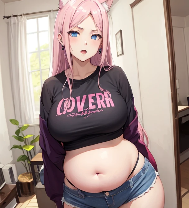 masterpiece, best quality, 1girl, (pink hair long hair, detailed hair, cat ears, pink eyes:1.3), cute, bedroom, (black hair ribbons, t-shirt, tight shorts:1.3), (gigantic breasts:1.1)