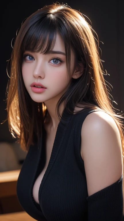 Ultra-high resolution, masterpiece, Highest quality, Perfect Glowing Skin, Perfect lighting, Detailed lighting, Dramatic Shadows, Ray Tracing, Black sweater, View your viewers, Off the shoulder, Big Breasts, Exposed cleavage, blue eyes, Sharp Face, Sharp eyes, Long Bangs, Shortcuts, Browsing Caution, , ((Dark Background)), Oversized hoodie, Wearing a black hoodie,