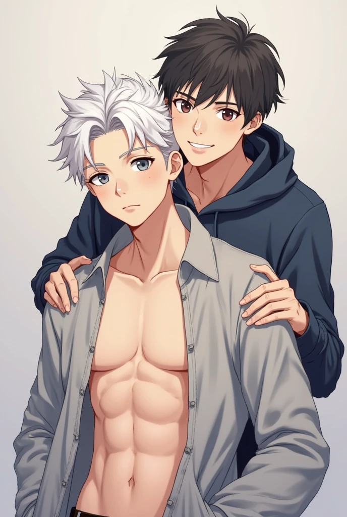 2 boys, masculine genders, age 13 and 18, Average height, body skinny, Body cute, first boy short black hair and second boy gray hair, blue colored eyes, cuecas boxers, first boy has his ass stuck out and the second boy is standing just watching the first boy's ass