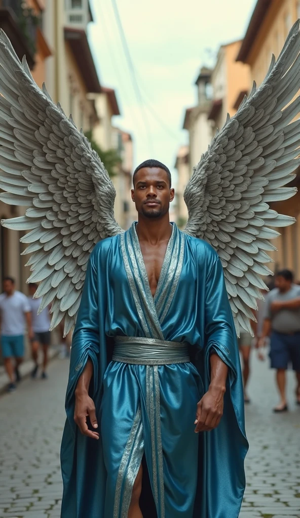 Explicit naked dark-skinned man with big penis dripping semen and wings walking in Venezuela neighborhood petare 