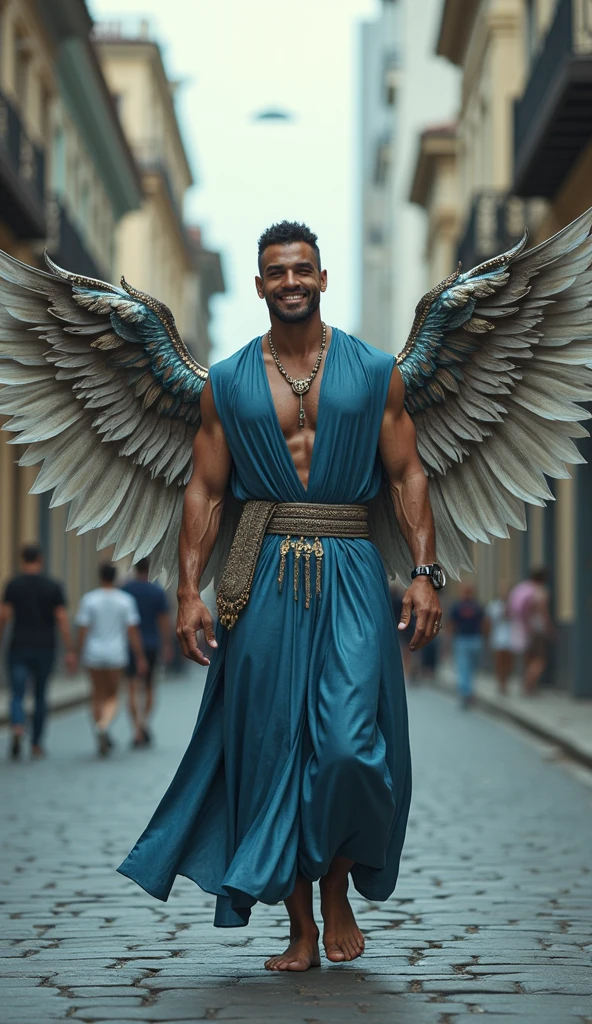 Hyperrealistic image of a gray-haired Indian superhero burlesque dancer with two huge symmetrical swan wings very old and very sweaty bodybuilder over 80 years old very muscular and fat more than 200 kilos with a  torso large and flaccid pectorals brown  and large gray mustaches with Huge tattooed arms dressed in lace white lingerie on a burlesque stage 