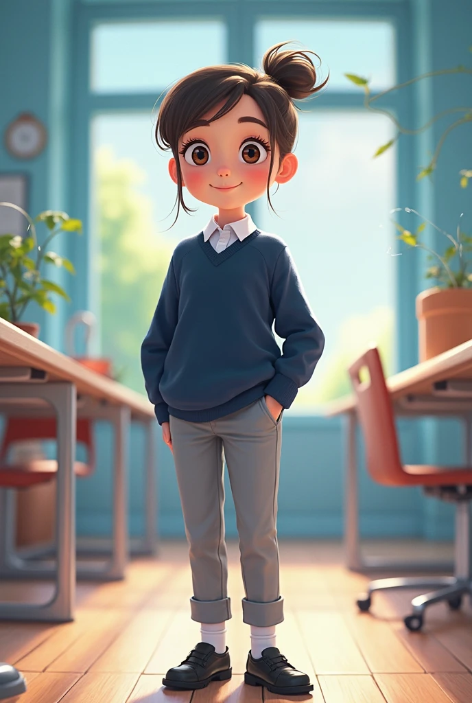 10 year old girl in Pixar mode, with brown hair and two tails, brown eyes and smiling with navy blue uniform pants and white short-sleeved shirt, black shoes and a school bag