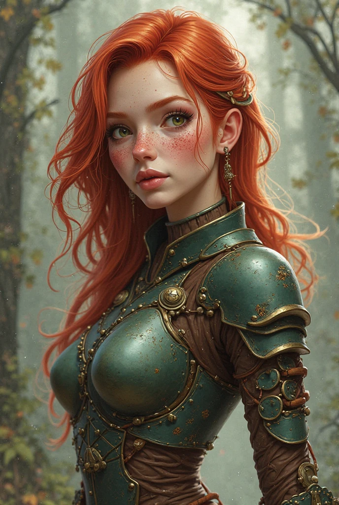 Dark Skin, Beautiful young woman in detail, Reddish-blond brown hair, long, Wavy and Messy Hair, Perfectly detailed green eyes, Exquisite symmetrical and lifelike beautiful face, (Magical forest background), Ranger Equipment Leather Armor, Fairy, Wildflowers blend into the hair, whole body, masterpiece, absurd,Fine details, Rich colors, Dramatic Lighting, Extremely detailed, Movie Lighting