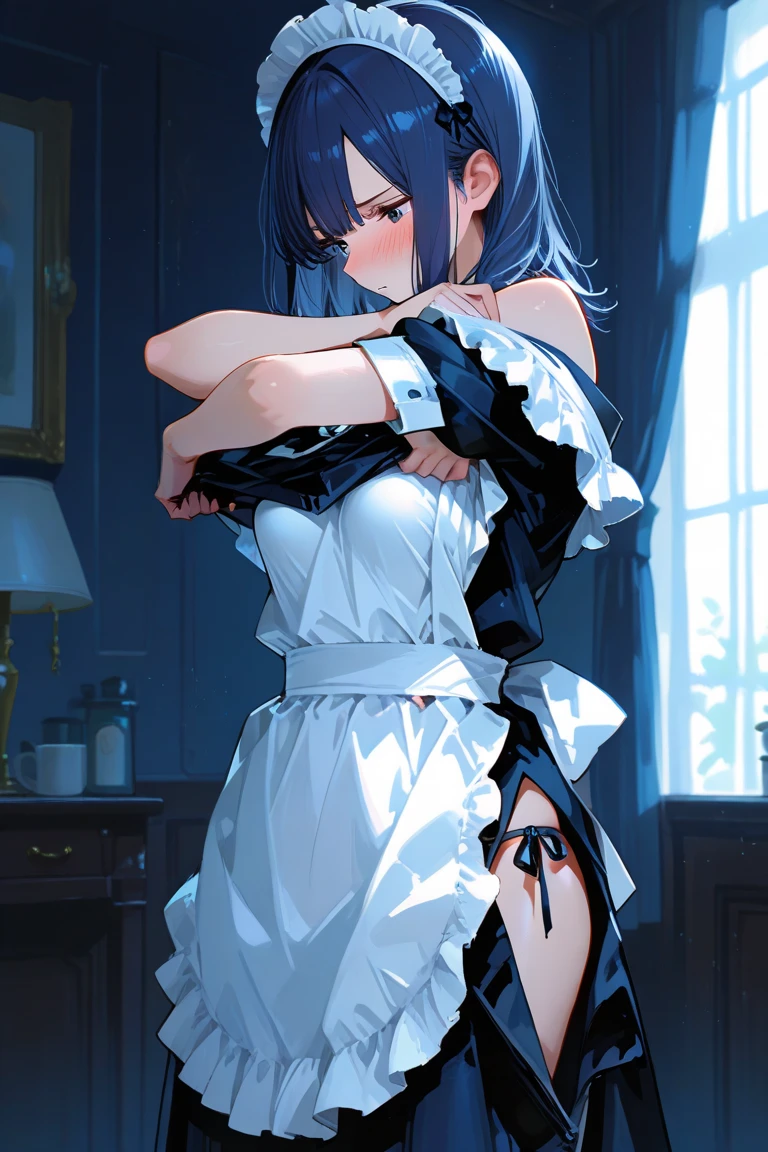 top-quality、Top image quality、masterpiece、girl with((cute little、18year old、Best Bust、Medium bust、Bust 85,Beautiful blue eyes、Breasts wide open,Ponytail with black hair、A slender、Blue hair mesh、Beautiful white maid clothes、White short skirt、Laugh、posterior view、lean against the wall、emphasis on the buttocks、Opening the curtains))hiquality、Beautiful Art、Background with((Large White Room、White lighting,White curtains are fluttering)),masutepiece、Elaborate design、visualart、depth of fields、The best lighting、highestdetailed、8k