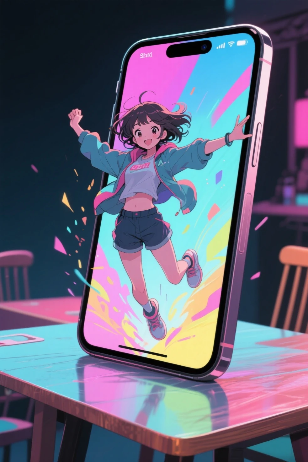 Highest Quality、anime style、A girl jumps out of a smartphone placed on a table