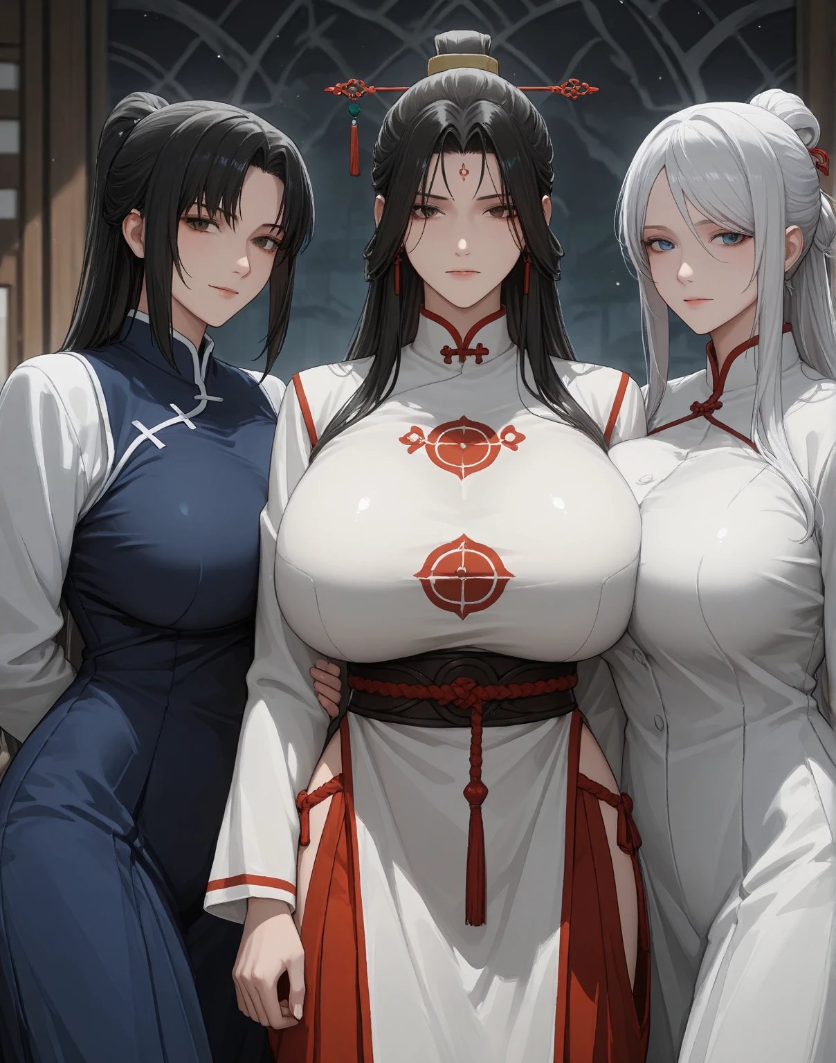 Three adult women with light yellow eyes and dark blue hair are elegantly posed in the image. Their pale skin adds a ethereal touch to their regal presence. Slim faces frame their large breasts, which are accentuated by the closed-body qipao of sacerdotiza azul rei, reminiscent of Rozemyne from The Ascendance of a Bookworm. Their attire, inspired by the Anyme style, further emphasizes their refined and sophisticated demeanor. (Best quality, masterpiece: 1.4), (realism: 1.2), (realistic: 1.2), 4K, detailed, ultra-detailed, digital art,