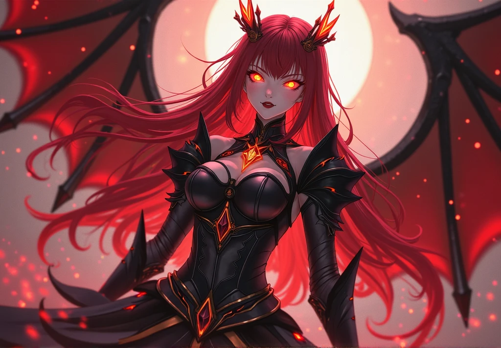 masterpiece, best quality, 1 girl, red hair, orange eyes, glowing eyes, horns, vampire girl, eyeliner, fangs, evil smile, dark atmosphere, spooky, (dark, night:1.6), outdoors, stomach, open vest