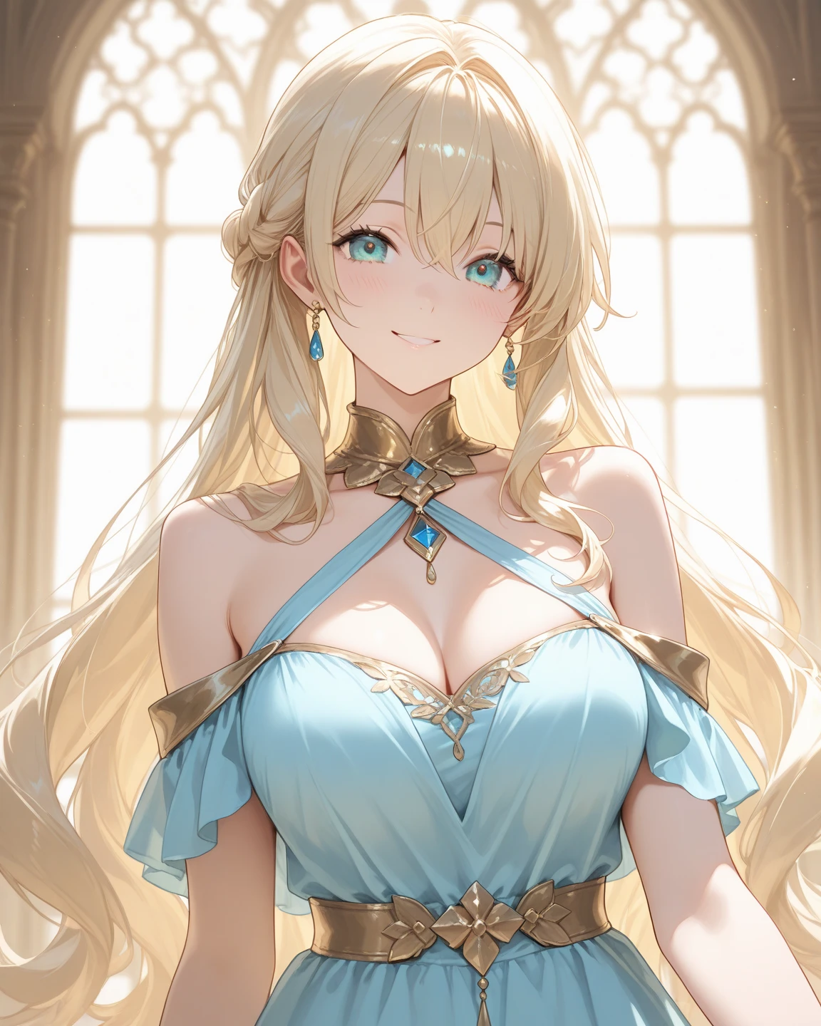 masterpiece、top-quality、(Blonde colored long hair、I have bangs:1.1)、25 year old woman with gold eyes、wearing a gold off-shoulder dress、(Emphasis on the chest:1.1)、(modest smile expression:1.3)、(Staring:1.5)、(Close-up of the subject's face:1.3)、is standing、five perfect and beautiful fingers、place the camera over the subject、The background is the party venue、Bold composition、Upper body is shown、Alone、Gold bracelet、Gold necklace with blue gemstone、Gold Tiara
