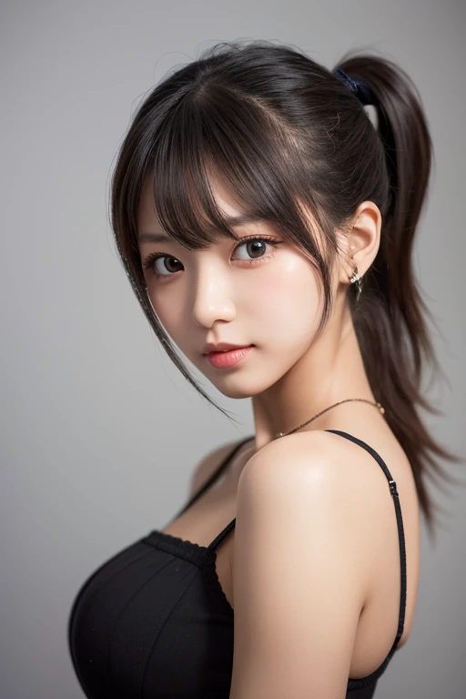 ((cute日本の女の子、beautiful japanese girl、1 girl、19 years old、ponytail、Highly detailed face and skin texture、super detailed face、highly detailed eyes、Lee Hong、blush、close-up of woman、front、 from the neck up、cute、Highly detailed face and skin texture、smooth white skin、Transparent skin texture、))、(dark brown hair)、looking at camera、sharp focus：1.2、beautiful woman with perfect style：1.4、japanese model、young gravure idol、若いcuteグラビアアイドル、Realistic young gravure idol、sophisticated gravure idol、((highest quality、8k、masterpiece:1.5、１photograph))、(4k、RAWphotograph、highest quality)、Place a person on the other side of the screen、Natural light、professional lighting、(realistic、フォトrealistic:1.5)、 dark purple sexy one-piece dress、