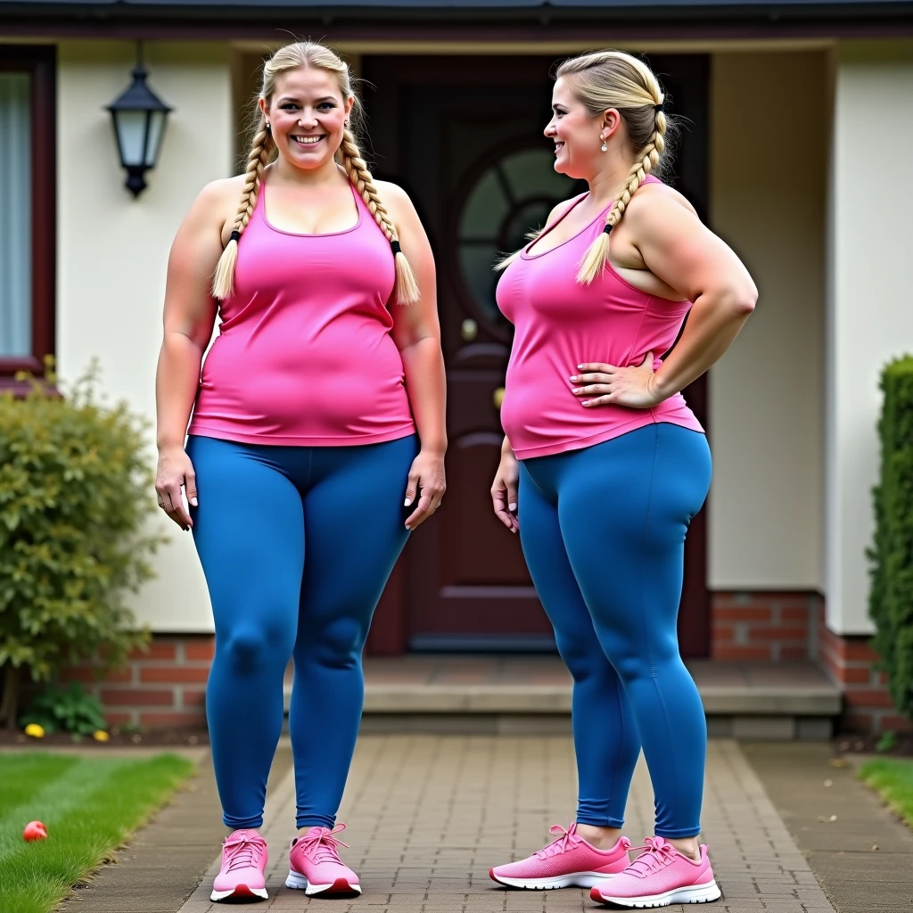 2 blonde women. big breasts. Wide hips. long and blond hair, blue eyes. Wearing black yoga pants and a red t-shirt . in a gym. looking directly at the camera, Full body photo, subtle makeup, impresionante Full body photo. Natural makeup, natural lighting. ultra realistic, meticulously detailed, realistic photo. You gain a lot of weight so that the changes are noticeable., 4 image sequences, In the first photo show me the ones that weigh 50 kg, the second 180 kg, the third 240 kg and the last 450 kg