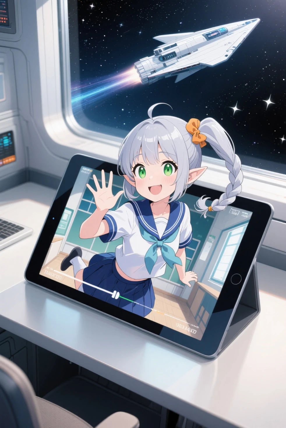 A playback device like a tablet placed on the desk, showing a cute anime girl,her upper body looks like she's leaping out of the screen, the back ground is her school. Her image is displayed in 3D, extending beyond the frame of the playback device, the frame is on behind of her. Her face is rounded. Her ears like an elf. Her eyes are large, light green and slightly slanted. Her hair style is side ponytail. The ponytail is braided. The front hair is cut diagonally above the eyes. Hair color is shiny silver. The side ponytail has an amber scrunchie attached. She is wearing a navy blue sailor uniform. She smiles and waves to the viewer. Location: A private cabin on a spaceship in the near future, with many stars visible from the window, a long triangular spaceship is seen entering warp space. Angle from above. Anime style.