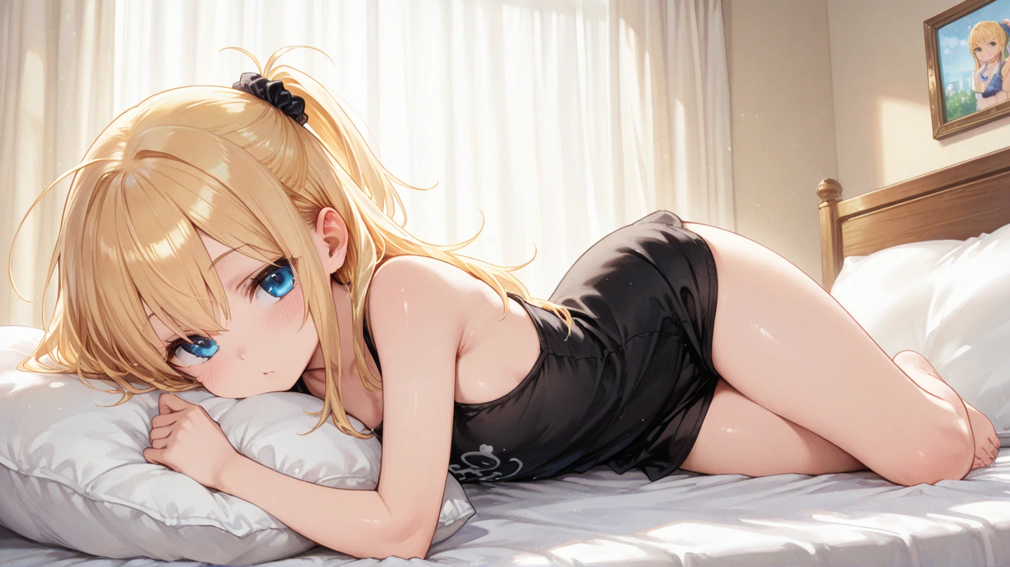 ((Best quality at best)), (ultra - detailed), ((The is very detailed)), (The beautiful), ((kawaii girl)),  ((hyper HD)), (tmasterpiece), (high qulity), (Best quality at best), (4K), (high qulity), 1, Solo girl, 1个Giant Breast Girl, ((Platinum blonde hair)), Parted bangs, ((hair intakes)), long whitr hair, (Hair long on both sides), ((Jade eyes)), slanted eyes, mediuml breasts, long slim figure, pale-blue, lace babydoll, side-tie panties, Garter belt, Bedrooms, Japanese cartoon