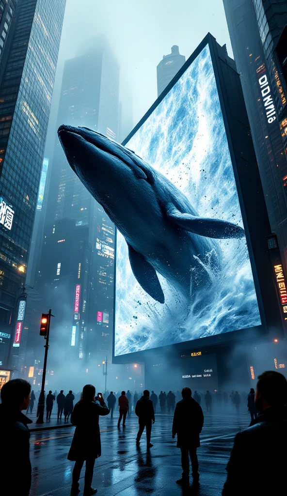 Dramatic. scene from a movie. sharp line drawings, perfect detail. absurdres, Masterpiece, 8k, -oblique low-angle shot, Worm's Eye View, - horizontal skyscraper. A whale leaps out from a street monitor. Pixel debris and noise effects dance around the edges of the monitor, and distorted images are reflected on the glass of the building. Holographic bubbles and light particles float in the surroundings, and the road surface is filled with steam. An urban intersection at night. A whale leaps out from a huge horizontal street monitor of a building towering in the center of the intersection, as if breaking through it. Pixelated debris and image noise flood the edges of the monitor, and holographic water bubbles dance with splashes from the whale's body. People on the street look up at the whale. They are taking pictures of the sky with their smartphones or reaching for them. Steam is rising on the streets and neon graffiti is on the walls.