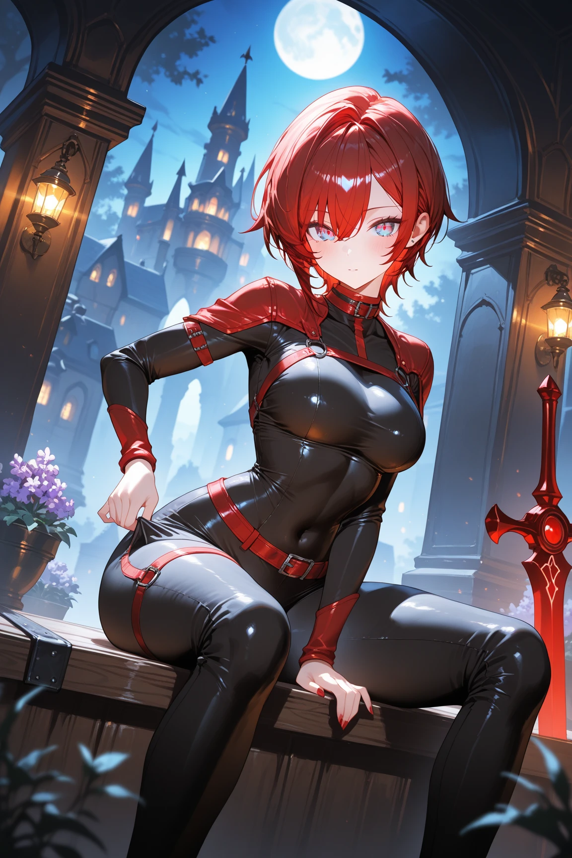 25 years old girl, villain, crazy hair, crazyyellow eyes, mischievous smile,fantasy black and red light armor, in the hideout,whole body