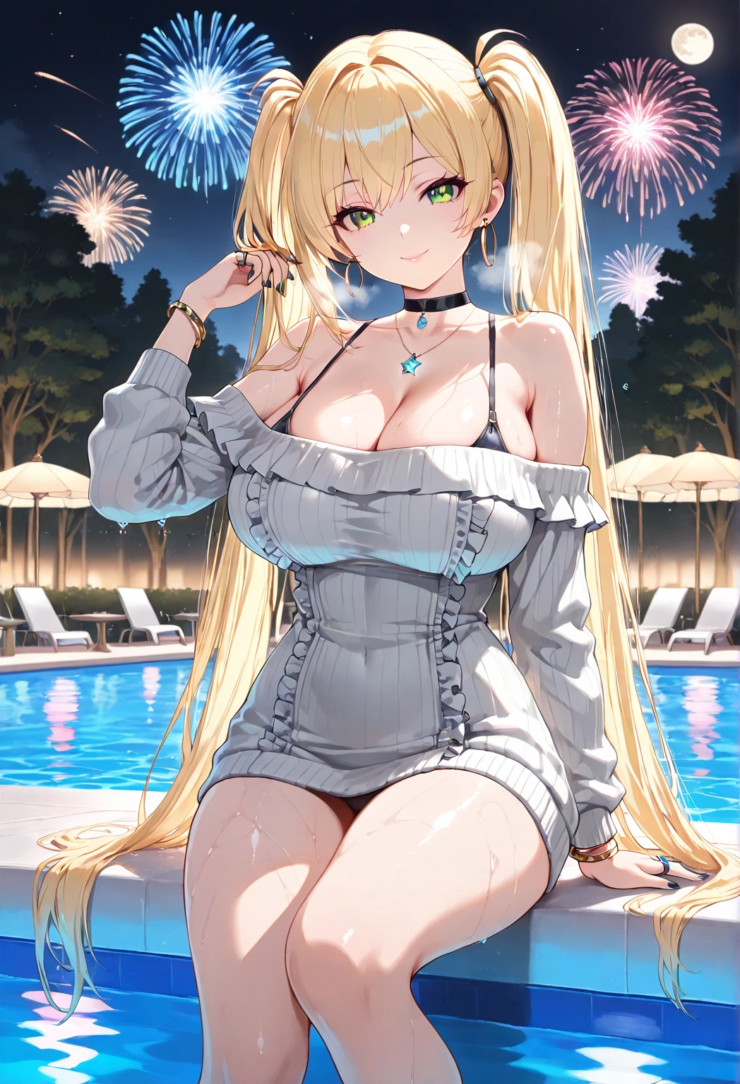 photographrealistic, (8K, Raw photo, Best Quality, masutepiece:1.2), high-definition RAW color photography, professional photograpy, Cowboy Shot, (Realistic, photographrealistic:1.37),Cinematic Light, (finery detailed face:1.2), Cowboy Shot, Thigh 1 girl, 18〜28 year old, Very cute, Very beautiful, photographrealistic, Beauty Event Companion, BREAK, White skin, Real Human Skin, (Detailed face), oval-face, pores, 超A high resolution, BREAK, slim, (huge-breasted:1.37, Big Breast:1.37, Big cleavage:1.37), (Look straight at the viewer with calm, goddess-like happiness:1.2), (Lifter Gloss, Eyelashes, gloss-face, Best Quality, 超A high resolution, Broad lighting, Natural Shading), Brown fine hair, Bangs, BREAK, (Red competition swimsuit:1.3), ((Private whirlpool pool, plein air, Under the fireworks:1.5, Fireworks, Night, Star, Starry sky)), ((lightsmile, Open mouth:1.5, a sultry, in heat, blush, Seductive emotions, agitation)), ((From below:1.3, Leaning forward:1.3, Kneeling:1.3, all-fours:1.3, Embrace your own chest:1.3, Cover your chest with your hands)), Blurry background, Bokeh, depth of fields, Cowboy Shot:1.3, Centered image,