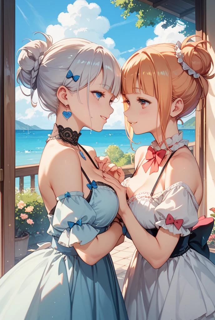 Highest quality、High resolution、Detailed Background、(Beautiful face in every detail:1.4)、Anatomically correct、(Normal number of fingers:1.2)、(Highly detailed face:1.2)、(Detailed eyes:1.2)、Beautiful women in their 20s、(Huge breasts:1.2)、Perfect body line、Light color hair、Braided bob cut、Braided long hair、Wavy Hairstyle、well-groomed eyebrows、Calm and elegant look、Mysterious atmosphere、Dreamy atmosphere、Do cute thingodel pose、A big smile、smile、Happy expression、
(Two beautiful models with a popular spot in the background:1.5)、
Shoulder frill dress、A voluminous frilly dress、
Lake Kawaguchi with a view of Mt. Fuji、Lakeside walks and piers、Promenade etc.、Shooting at sunset time creates a fantastic atmosphere.、very beautiful