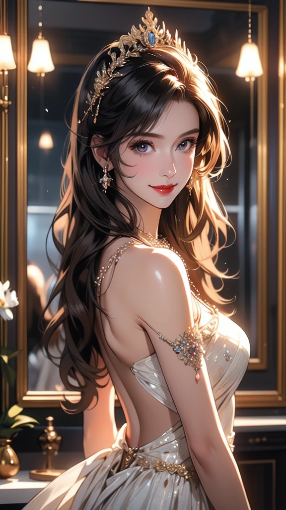 Princess , in castle , detailed hand , high quality, super quality, detailed face, beautiful woman , golden eyes, long hair , mega breast , gorgeous dress, tiara, necklace , earring , sharpe eyebrow , (brown hair:1.4), arching back, back view , smile , looking at camera