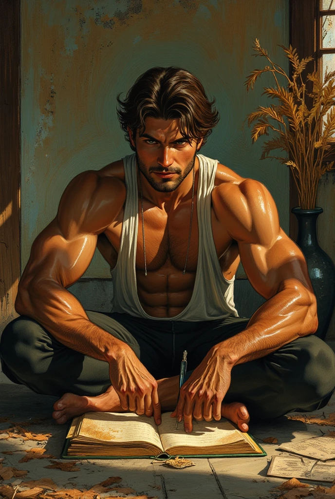 40 year old alpha male, wearing nothing , squatting , mustache, piercing blue eyes, brown hair, pronounced brow ridge, strong jaw, high cheekbones, (complete body:1.5), sitting on a bed spreading his legs, very beefy muscles, bulging biceps, bulging triceps, bulging pectorals, bulging quads, bulging trapezoids, wide shoulders, bulging calves, bulging forearms, hairy, (giant:1.5), tall, solo person. Art deco masterpiece, alpha male, at night, cemetery, flowers, skull, nightmare, candles, intricately detailed, sharp focus, extremely detailed, dark fantasy, glowing, colorful painting, rich color, HDR, octane render, digital illustration, cinematic light, art by [ Sachin Teng, Alphonse Mucha, Jean Dupas, Eugène Grasset ]
