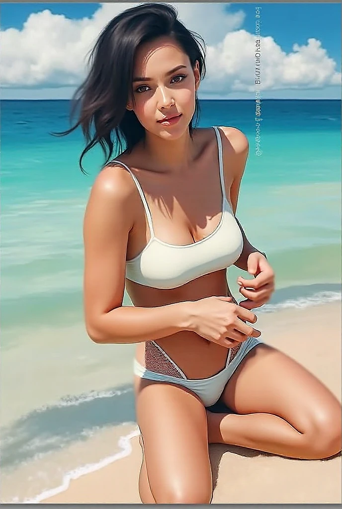 woman in bikini and hat sitting on a white surface, realistic bikini, with straw hat, corpo perfeito fotorrealista, corpo perfeito sombreado realista, April rendering, pose de pin-up, 3D rendering of a complete female body, character is in her natural pose, modelo in bikini, pose sexy, in bikini