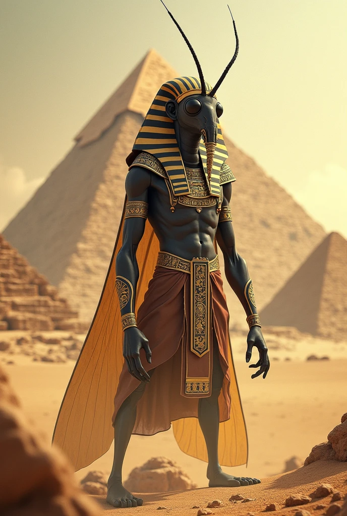 Create a pharaoh with his head covered, and the body with drawings using blood, your arms have to be made of sand