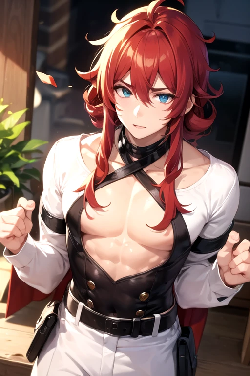 Masterpiece, best quality, (1_man), ((male body)), thin, handsome, flamboyant, tall, ((upper body)), standing, looking at the viewer, man chest, sinister face, (cocky smirk), smirking, (grinning) long elf ears, earrings, orange hair, long hair length, red eyes, (((facing away from viewer))), centered shot, portrait shot, (looking down_, wearing beautiful white tunic, tight clothes, sleeveless, golden bracelets, golden crown, (thigh highs), dark eyeliner, beautiful appearance, masterpiece, high quality, tall white marble walls, in luxurious theatre box,