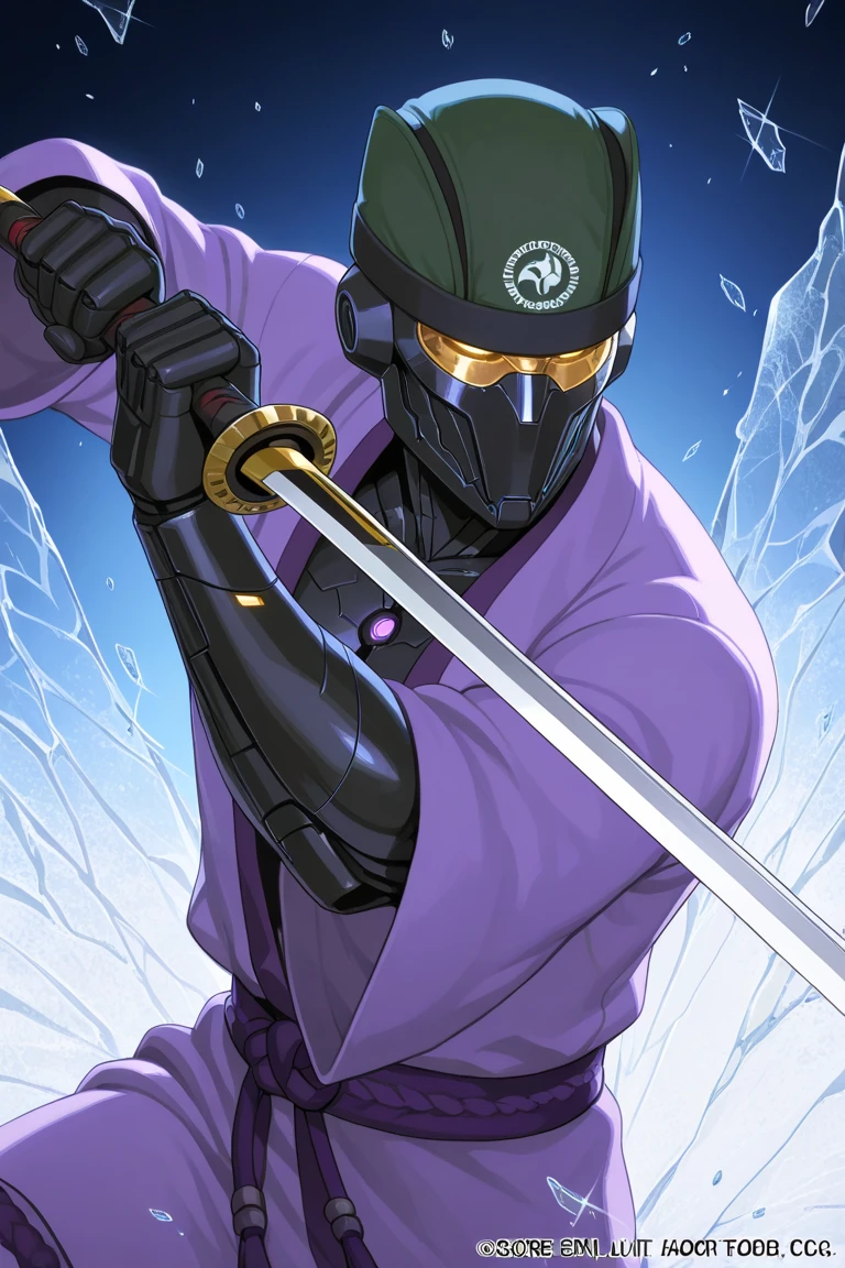 score_9,score_8_up,score_7_up, anime_source, source_anime, 1boy, adult male solo, raiden, metal gear, mortal kombat ((hat, robot body, purple kimono, holding sword)), dynamic view, screen break, glass shatter