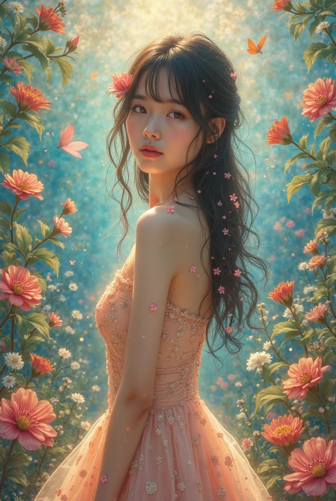Digital fantasy double exposure one person only facing the front watercolor fairytale Illustration which is a double exposure of a summerscape sunset, by Waterhouse, Carne Griffiths, Minjae Lee, Ana Paula Hoppe, Stylized watercolor art, Intricate, Complex contrast, HDR, Sharp, soft Cinematic Volumetric lighting, flowery fractal colours, wide long shot, perfect masterpiece, upper lip properly formed
