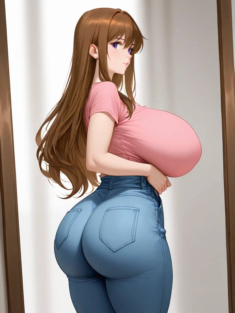(masterpiece, best quality, highres, detailed, realistic:1.2), young teenage american woman, geeky, (gigantic breasts:1.5), (bursting breasts:1.2), (anxious expression:1.2), thin, slender, shy, withdrawn, embarrassed, anxious, innocent, ginger hair, hair behind ears, (tape measure:1.2), bedroom
