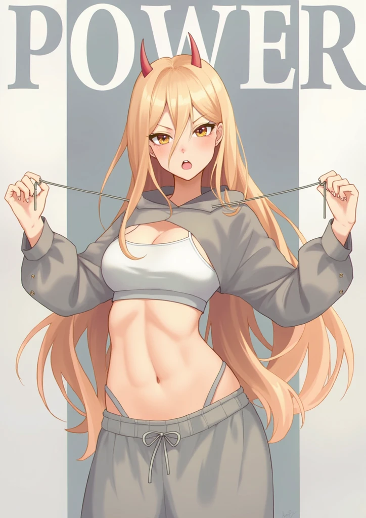 (hews art style:0.7), score_9, score_8_up, score_7_up, score_6_up, erina nakiri, long hair, blonde hair, purple eyes, BREAK (masterpiece:1.2), best quality, high resolution, (beautiful detailed eyes:1.3), perfect lighting, (perfect hands, perfect anatomy), hearts, pleasured, large breast, sagging breast, 1girl, breasts, horns, shorts, abs, solo, bikini, english text, navel, tail, swimsuit, demon horns, belt, yellow shorts, choker, black nails, muscular, demon tail, jewelry, earrings, looking at viewer, open mouth, demon girl, muscular female, short shorts, blush, thighs,