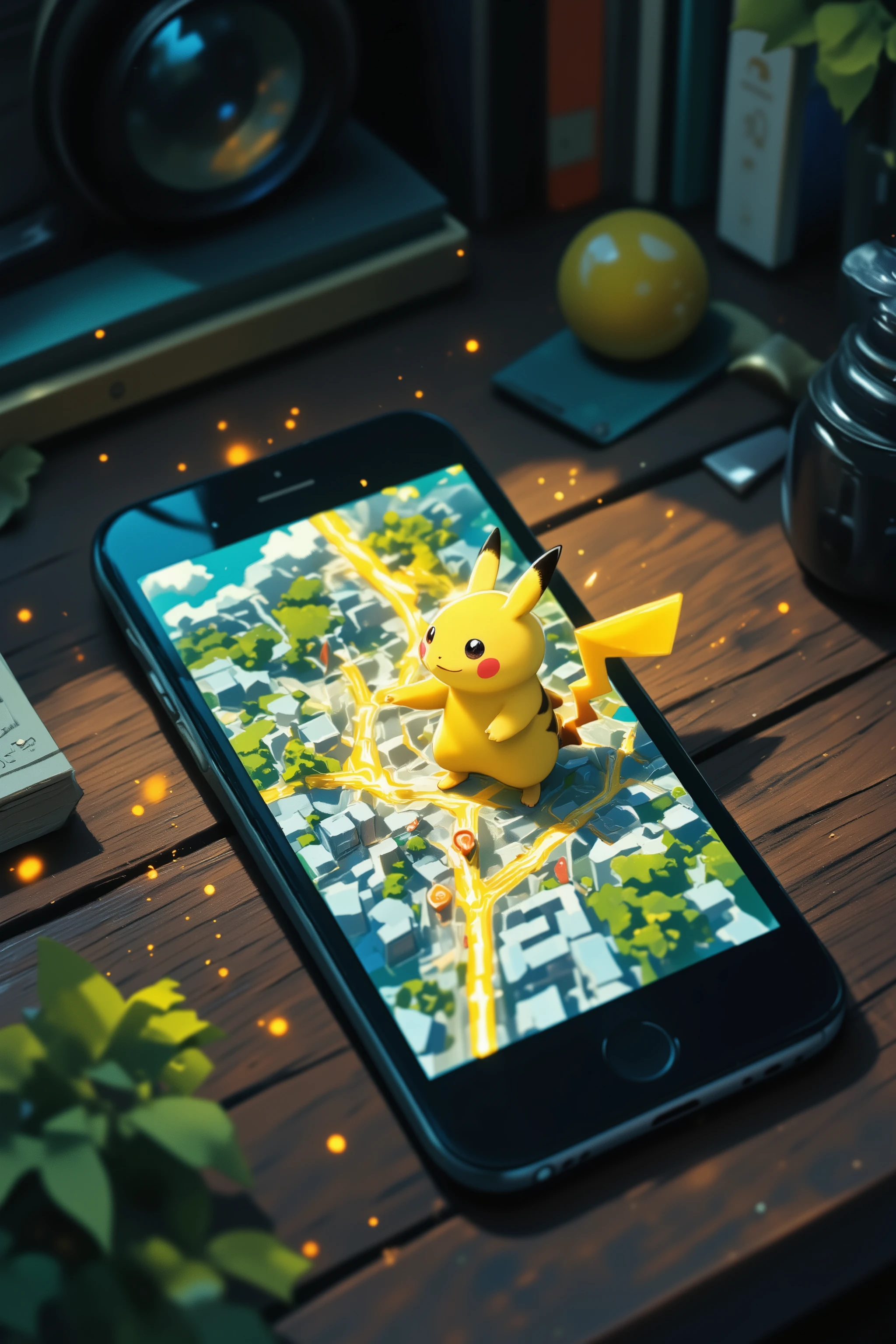 (masterpiece, best quality, cinematic lighting, anime-style), a modern iPhone lying on a table with its screen projecting a large-scale holographic 3D map into the air, the map expands above the phone, filled with glowing roads, buildings, and digital terrain, Pikachu walks along a glowing path on the floating map, pointing forward as if guiding the way, navigation arrows and destination pin visible, vibrant colors, glowing particles in the air, depth and perspective, energetic and futuristic atmosphere



