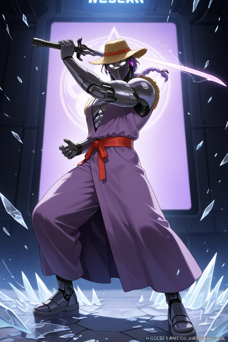 score_9,score_8_up,score_7_up, anime_source, source_anime, 1boy, adult male solo, raiden, metal gear, mortal kombat ((farmer hat, robot body, purple hair, long braided hair, glowing white eyes, purple kimono, red waist tie, holding sword)), dynamic view, screen break, glass shatter, full body