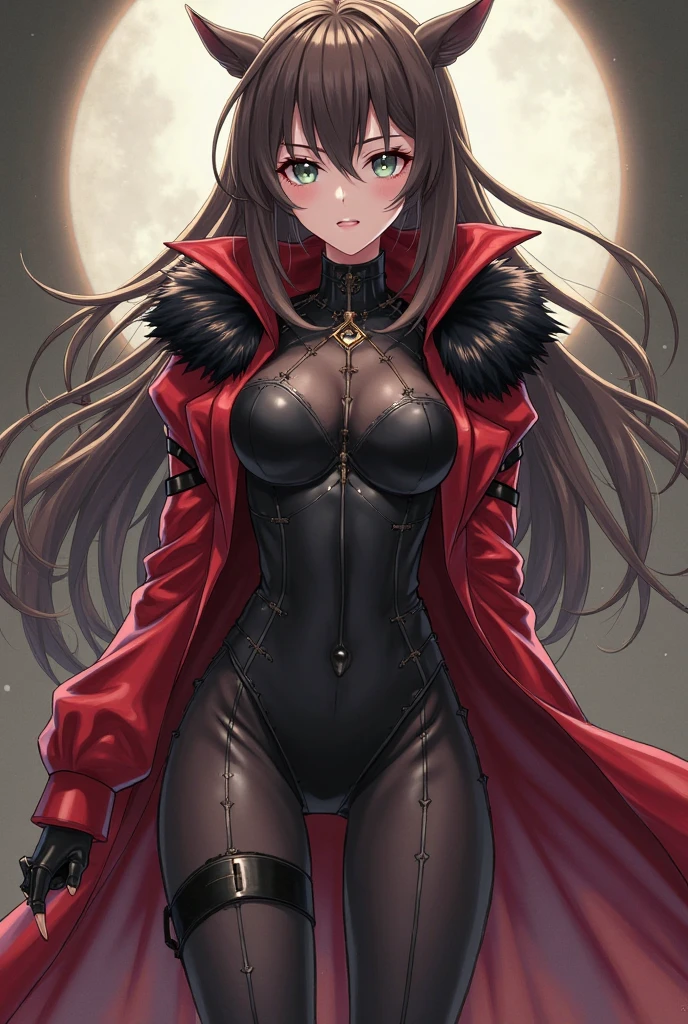 masterpiece, ultra quality, detailed, 4k quality, long hair. brown hair, red eyes, hair down, black outfit, sexy outfit, vampire, gothic, black theme, red moon, clouds, trees, night, illuminating light, curvy, large bust, black choker, smiling