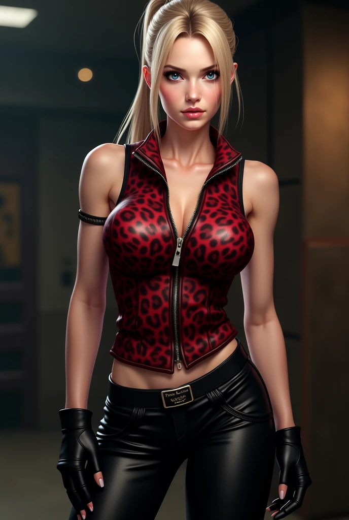 short red dress, undercut platinum bobcut blonde hair, small breasts, fit, muscular, short hair, mercenary, black leather jacket